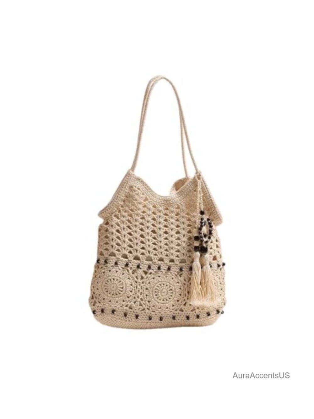 Crochet Hobo Shoulder Bag Cotton Yarn Tassels Boho Beach Tote